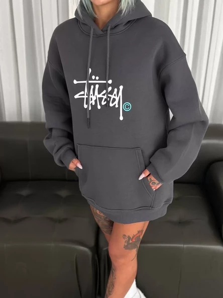 Kapşonlu Baskılı SweatShirt - Füme - 1