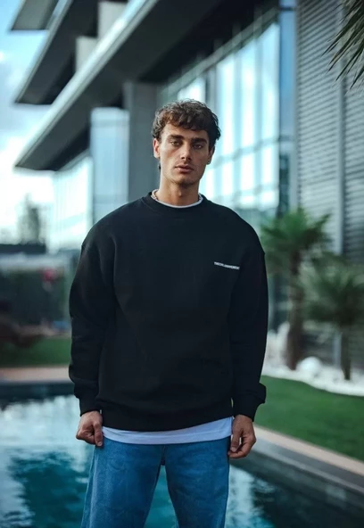Kışlık Bisiklet Yaka Oversize Baskılı SweatShirt - Siyah - 3