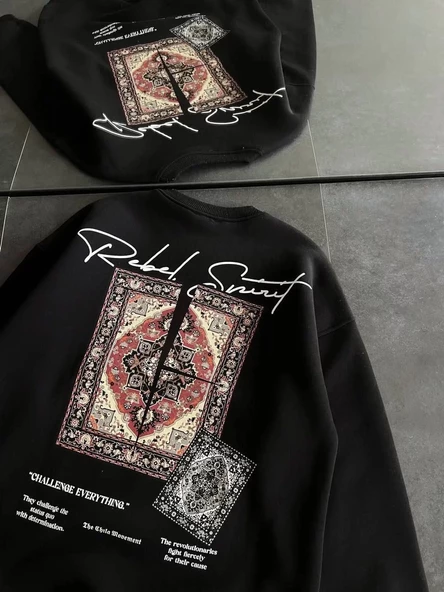Kadın Bisiklet Yaka Baskılı SweatShirt - Siyah - 3