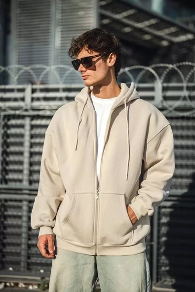 Oversize Tam Fermuarlı Uzun Kol Hırka - Bej - 2