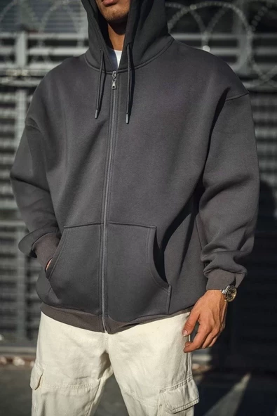 Oversize Tam Fermuarlı Uzun Kol Hırka - Füme - 3