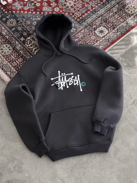 Kapşonlu Baskılı SweatShirt - Füme - 4