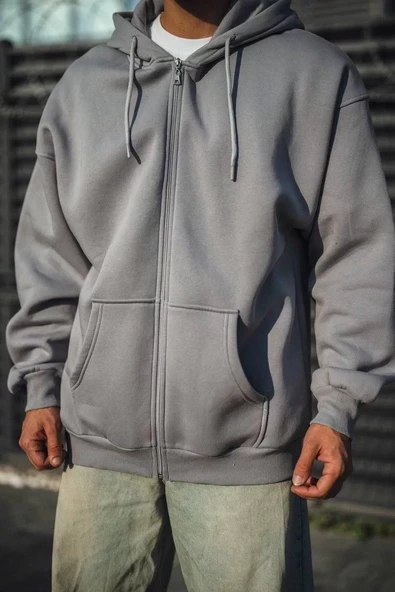 Oversize Tam Fermuarlı Uzun Kol Hırka - Gri - 3