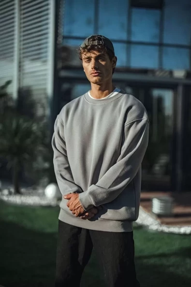 Kışlık Bisiklet Yaka  Basic SweatShirt - Boyalı Gri - 3