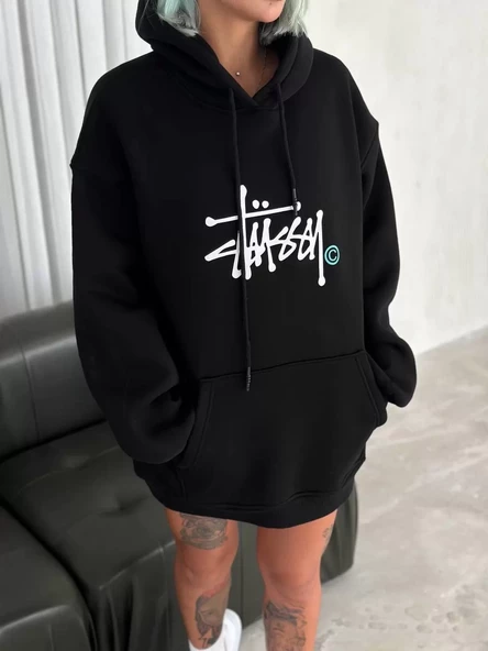 Kapşonlu Baskılı SweatShirt - Siyah
