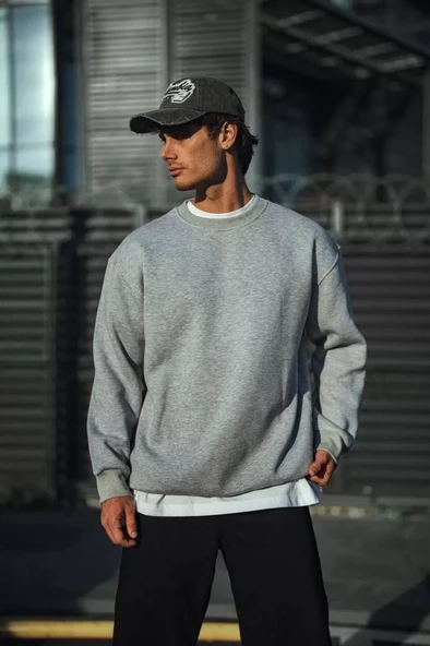 Kışlık Bisiklet Yaka Basic SweatShirt - Gri - 3
