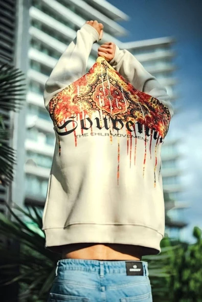 Oversize Bisiklet Yaka Baskılı SweatShirt - Beyaz - 3