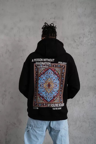 Erkek Kilim Desen Kapüşonlu - Siyah - 2