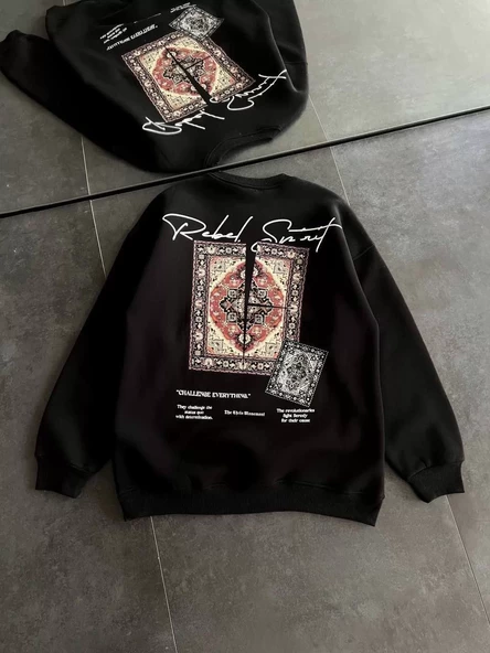 Kadın Bisiklet Yaka Baskılı SweatShirt - Siyah - 2