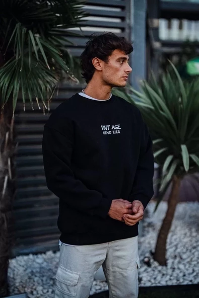 Oversize Bisiklet Yaka  Baskılı SweatShirt - Siyah - 3