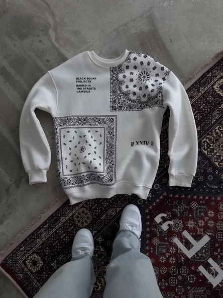 Desenli Bisiklet Yaka Oversize SweatShirt - Beyaz - 3