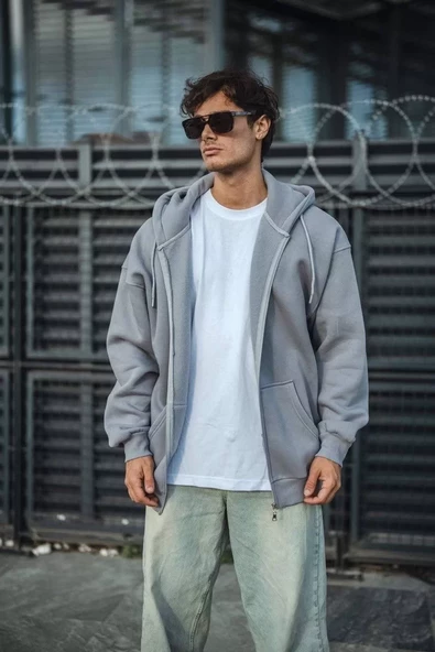 Oversize Tam Fermuarlı Uzun Kol Hırka - Gri - 2