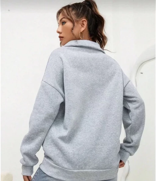 Unisex Uzun Kol Yarım Farmuarlı Yakalı Basic SweatShirt - Gri - 3