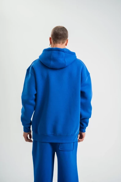 Unisex Double Oversize Kapşonlu Basic SweatShirt - Mavi - 7