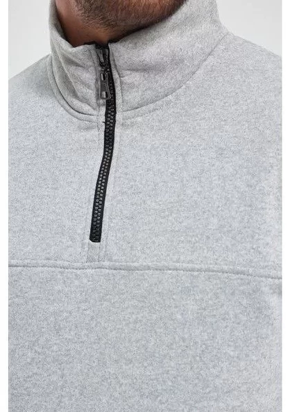 Oversize Yarım Farmuarlı Yakalı Basic SweatShirt - Gri - 3