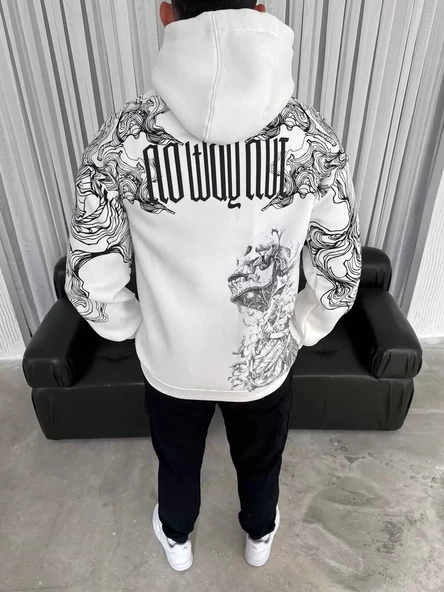 Kapşonlu  Baskılı SweatShirt - Beyaz - 2