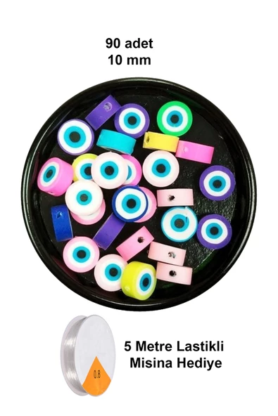 90 Adet 10 mm Polimer Kil Fimo Boncuk Takı Bileklik + 5 Metre Lastikli Misina Hediye - Nazar Boncuğu