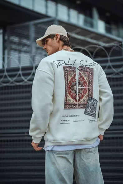 Bisiklet Yaka Baskılı SweatShirt - Beyaz - 2