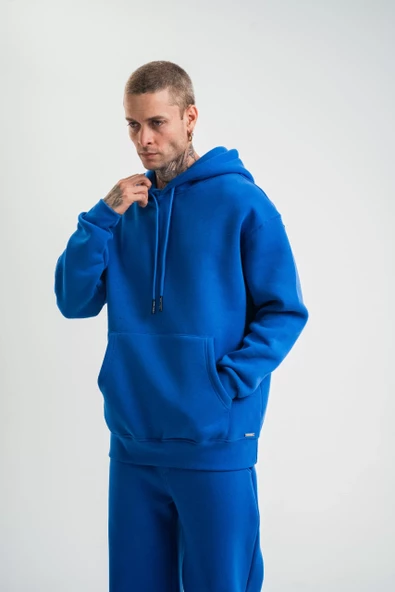 Unisex Double Oversize Kapşonlu Basic SweatShirt - Mavi - 6