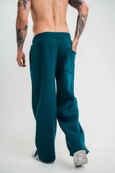 Unisex Boru Paça Baggy Eşofman Pantalon - Koyu Deniz Yeşili - 3