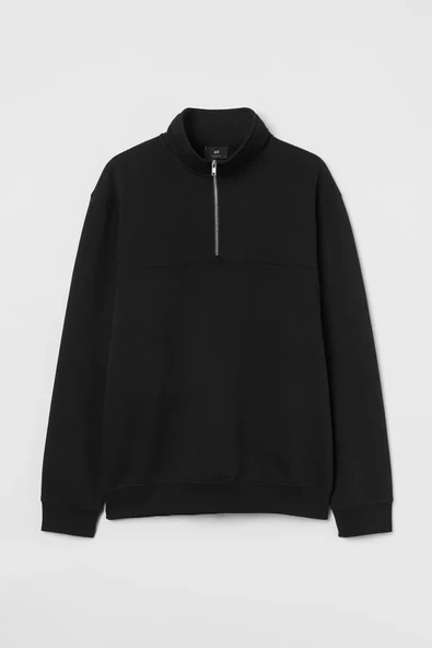 Oversize Yarım Farmuarlı Yakalı Basic SweatShirt - Siyah - 2