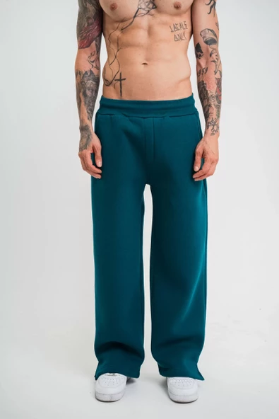 Unisex Boru Paça Baggy Eşofman Pantalon - Koyu Deniz Yeşili - 4
