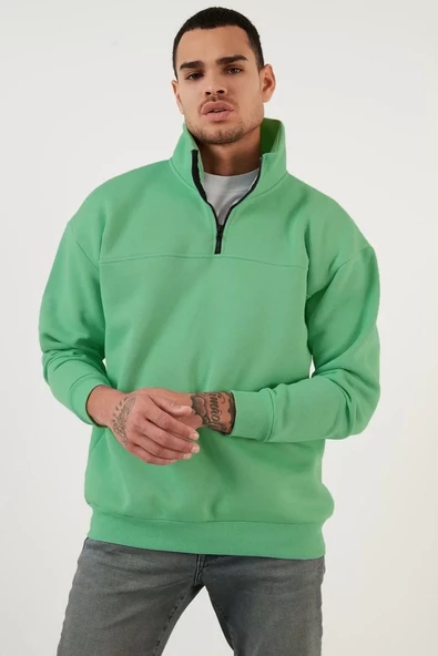 Oversize Yarım Farmuarlı Yakalı Basic SweatShirt - Yeşil - 3