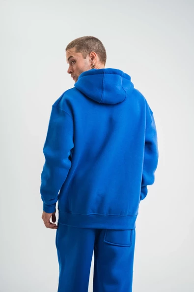 Unisex Double Oversize Kapşonlu Basic SweatShirt - Mavi - 5