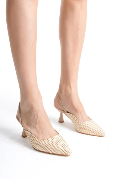 Orbus Hasır Ten Arkası Açık Sivri Burun Stiletto Topuklu Ayakkabı - Resim 3