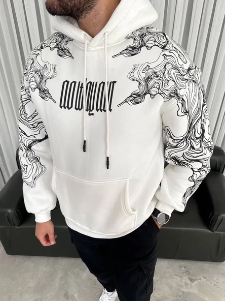 Kapşonlu  Baskılı SweatShirt - Beyaz