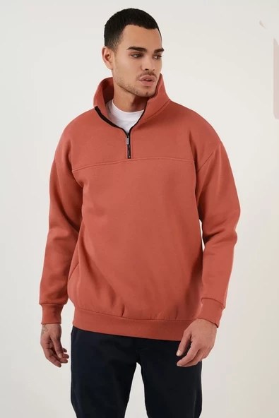 Oversize Yarım Farmuarlı Yakalı Basic SweatShirt - Gül Kurusu