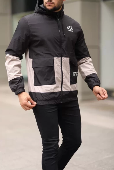 Tam Kalıp Kapşonlu Astarlı Parçalı Yağmurluk - Bej