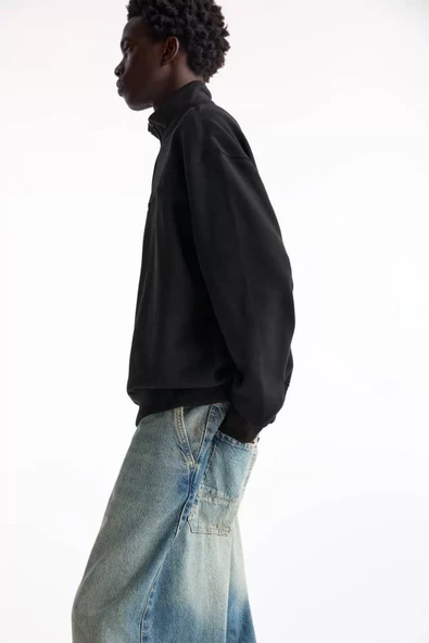 Oversize Yarım Farmuarlı Yakalı Basic SweatShirt - Siyah - 4