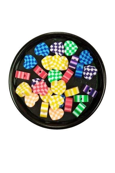 90 Adet 10 mm Polimer Kil Fimo Boncuk Takı Bileklik + 5 Metre Lastikli Misina Hediye - Desenli Kalp - 3