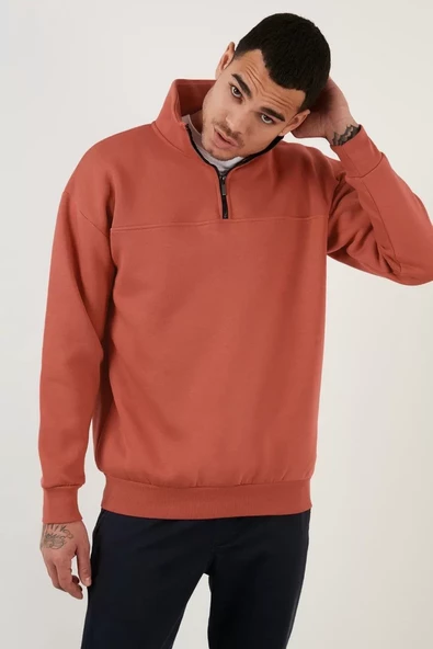Oversize Yarım Farmuarlı Yakalı Basic SweatShirt - Gül Kurusu - 3