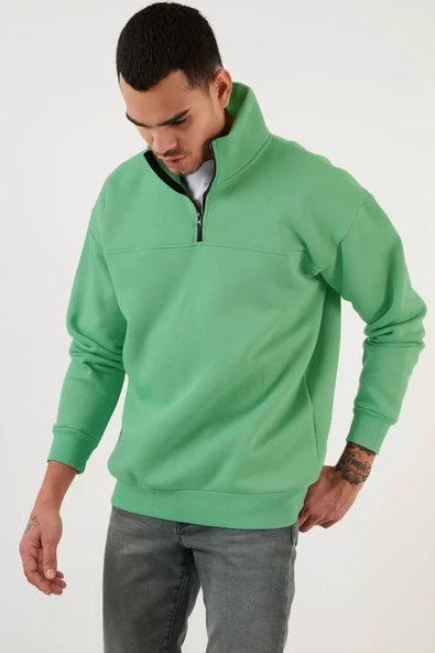 Oversize Yarım Farmuarlı Yakalı Basic SweatShirt - Yeşil - 2