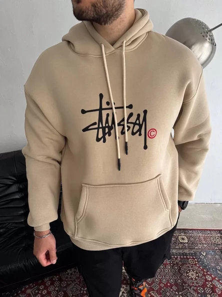 Üç İplik Kapşonlu Baskılı SweatShirt - Bej