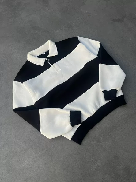 Unisex  Parçalı Yakalı SweatShirt - Siyah - 2