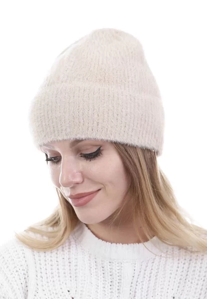 Unisex Tam Kalıp İnce Sakallı Triko Bere - Pudra - 2