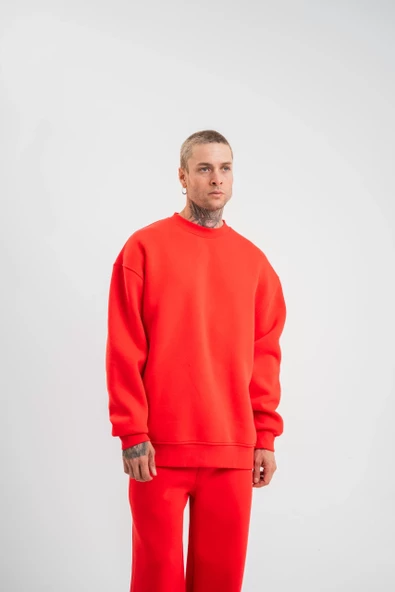 Uzun Kol Bisiklet Yaka Basic SweatShirt - Kırmızı