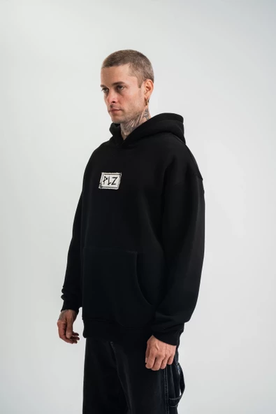 Unisex Kapşonlu Uzun Kol Patchli Nakışlı SweatShirt  - Siyah - 7