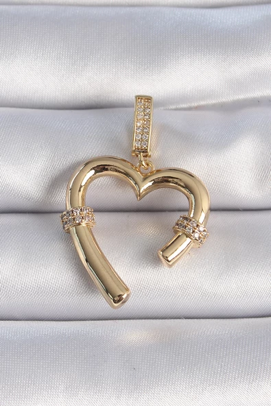 Pirinç Gold Renk Zirkon Taş Detaylı Kalp Figür Ajda Charm - TJ-BC1015 - 1