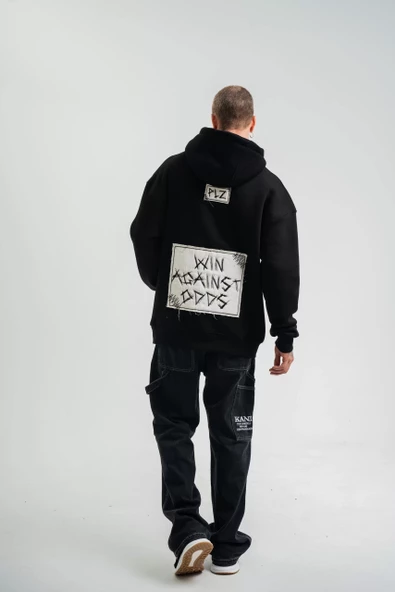 Unisex Kapşonlu Uzun Kol Patchli Nakışlı SweatShirt  - Siyah - 6
