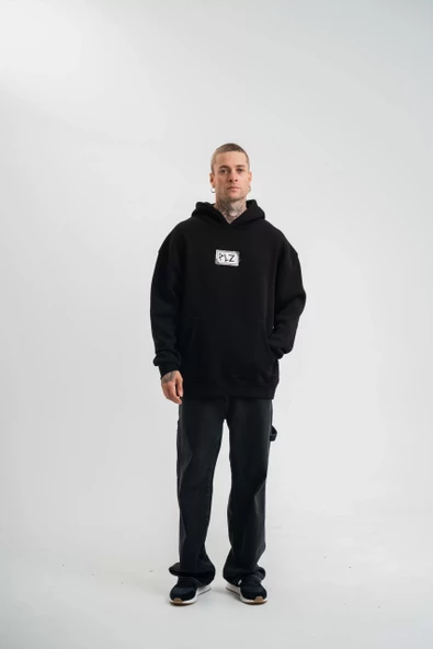 Unisex Kapşonlu Uzun Kol Patchli Nakışlı SweatShirt  - Siyah - 3