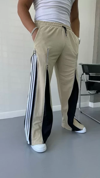 Unisex Fermuarlı Şeritli Buggy Pantolon - Bej - 2