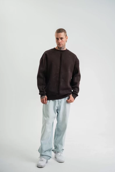 POLIZEI  Bisiklet Yaka Yıkamalı SweatShirt - Kahve - 4