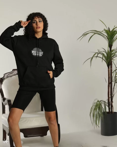 Unisex Sırt Baskılı Kapüşonlu  Oversize Sweatshirt - Siyah - 3