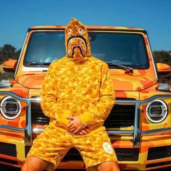 Unisex Bape Kapüşonu Fermuarlı Hırka - Sarı - 4