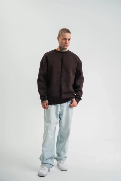 POLIZEI  Bisiklet Yaka Yıkamalı SweatShirt - Kahve - 5