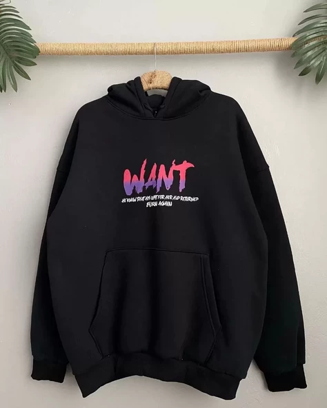 Baskılı  Kapüşonlu Oversize Sweatshirt - Siyah - 3